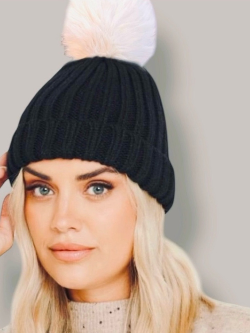 14th & UNION Black Beanie Hat w White Faux Fur Pom Pom Top